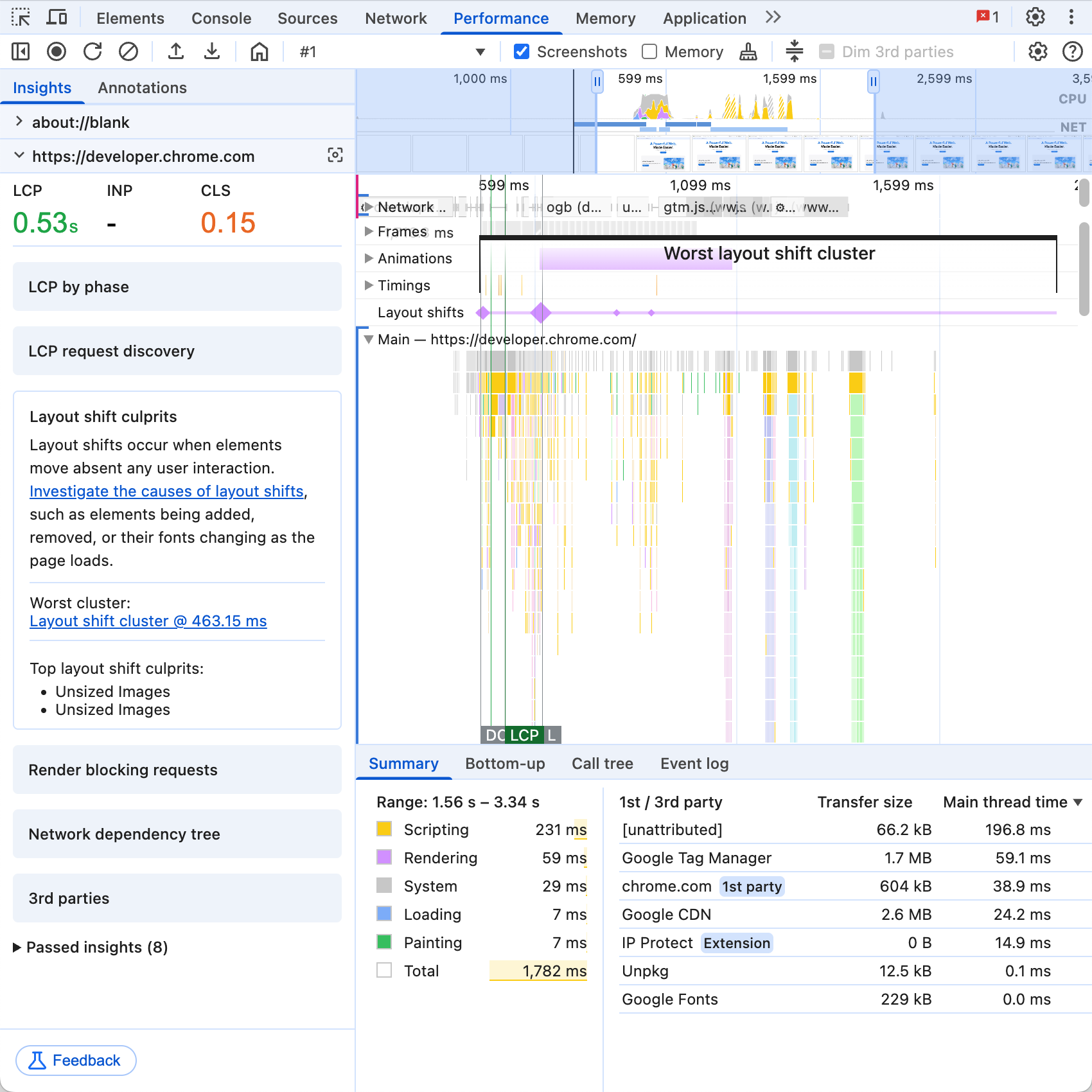 左側に分析情報サイドバーが表示された DevTools の [パフォーマンス] パネル。トレースの分析情報のリストが表示されています