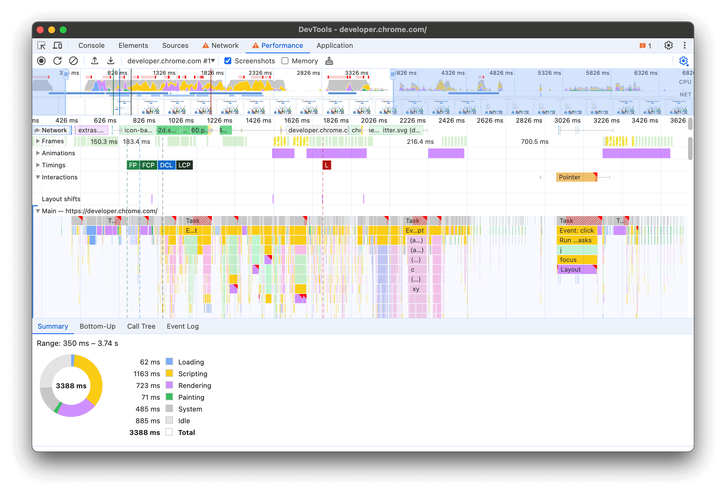 Просмотр трассировки на панели «Производительность DevTools»