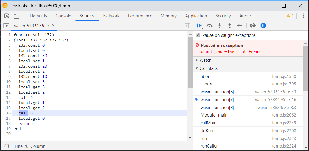 Zrzut ekranu przedstawiający ograniczone wcześniej wsparcie dla debugowania WebAssembly w narzędziach deweloperskich w Chrome