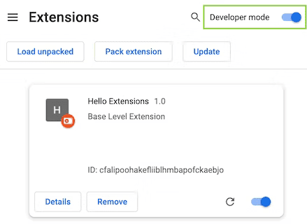 Chrome 擴充功能頁面，其中開發人員模式切換鈕已醒目顯示